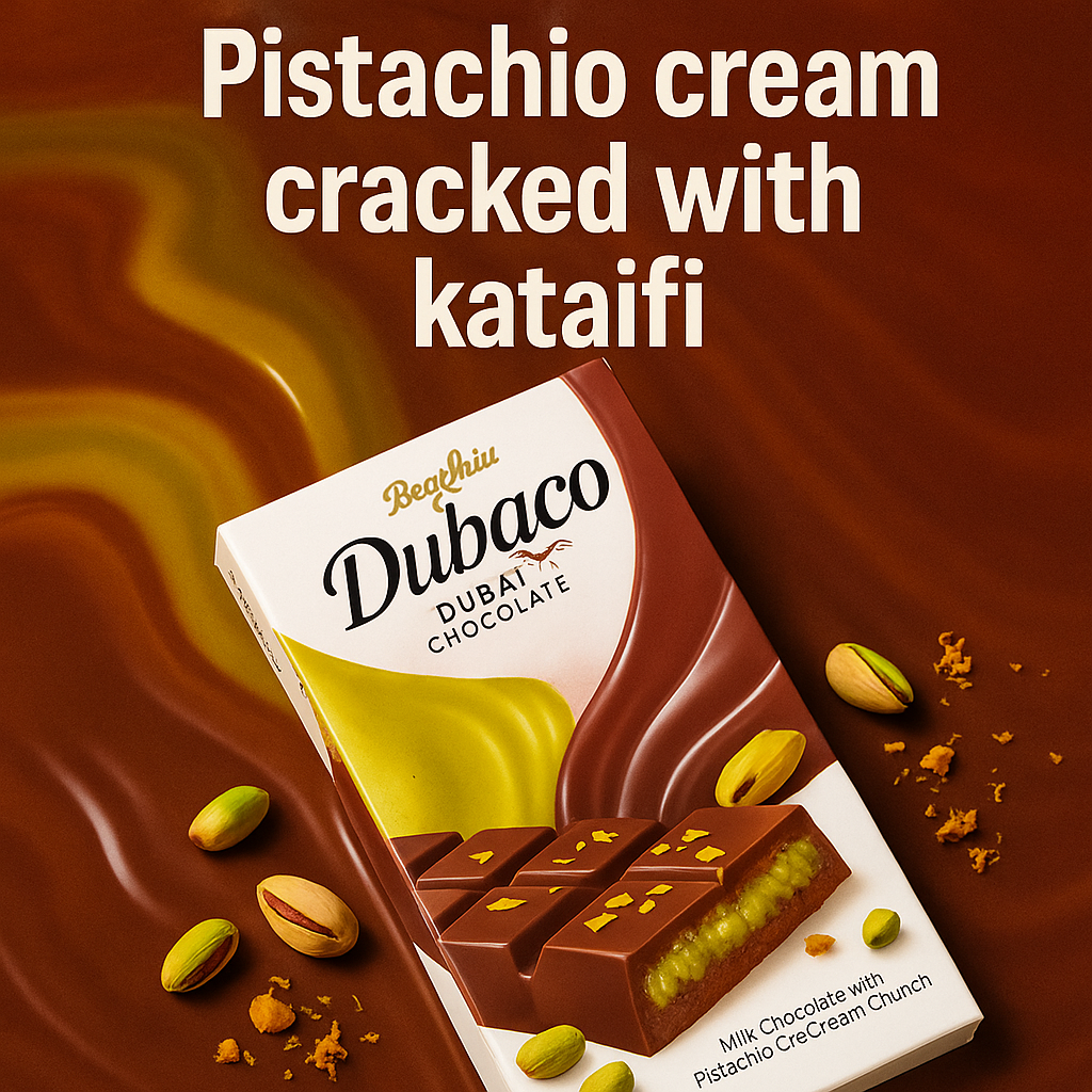 Dubaco Dubai Chocolate – Milk Chocolate with Pistachio Cream & Kataifi Crunch | 200 g Bar