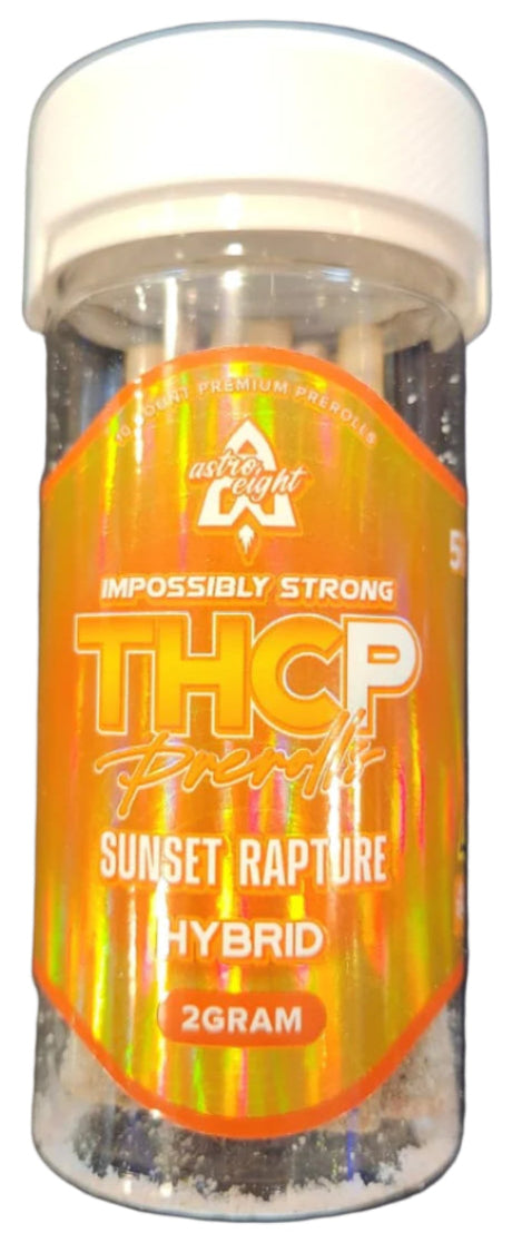 Jar of cannabis product labeled 'THCP Sunset Rapture' with a brand logo on an orange background.