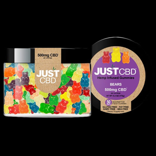 JustCBD Sour Gummy Bears 500mg CBD Mixed Fruit Flavors Gummies by Golden Door - Hemp Gummies Cloud Culture - side view