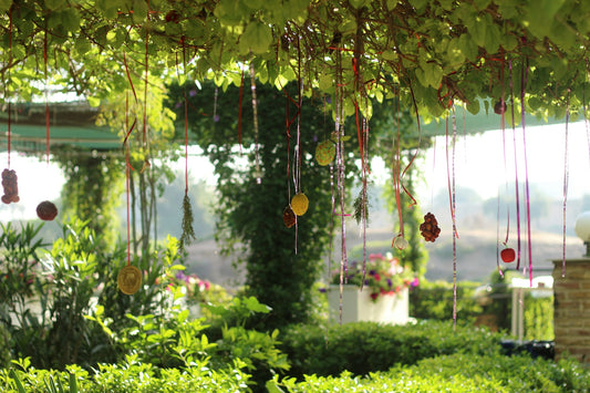 a bunch of beads hanging from a tree