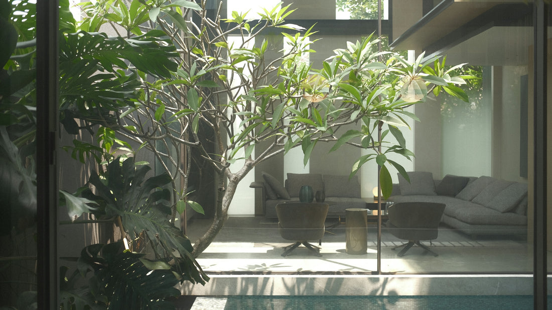 Modern living room with lush indoor plants and pool.