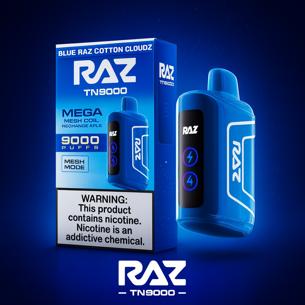 Blue Raz Cotton Cloudz RAZ TN9000 Vape – 9000 Puff Rechargeable (5% Nicotine, Mesh Coil)