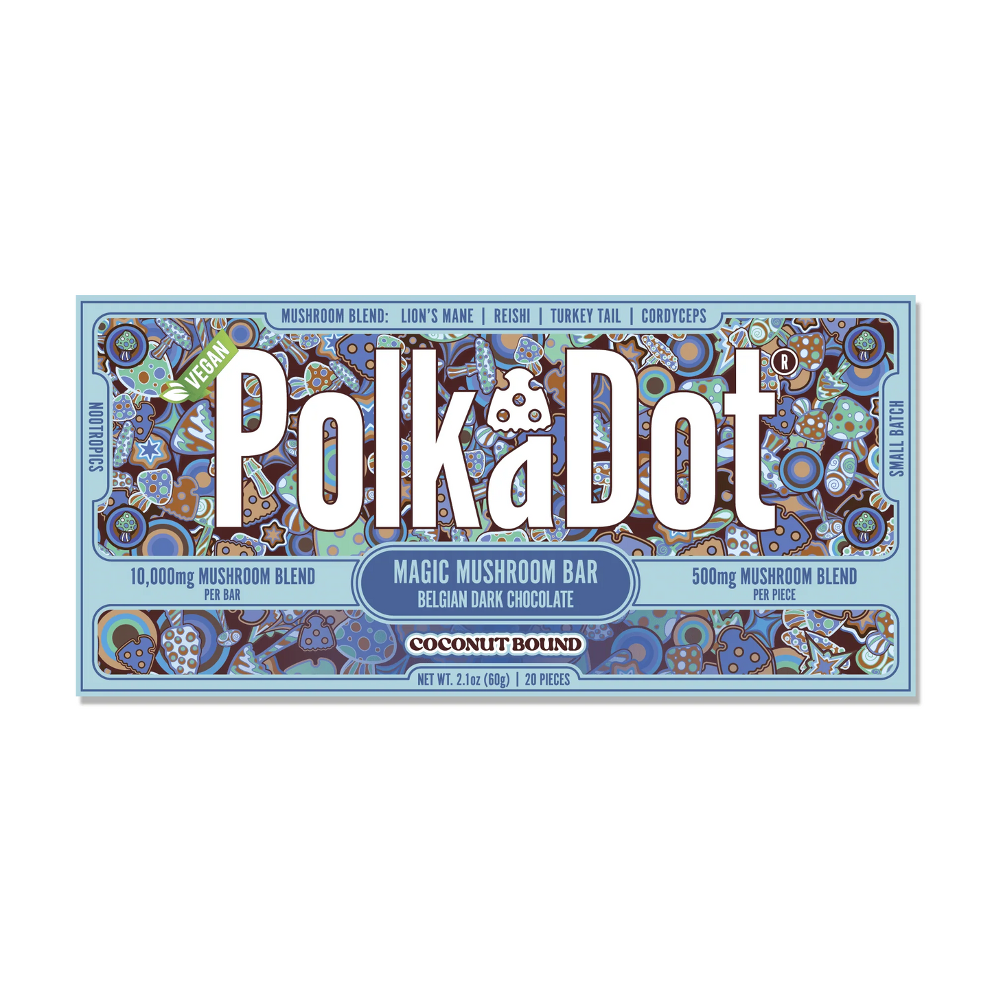 Polkadot Mushroom Chocolate – Coconut Bound 500 mg | Functional Mushroom Chocolate Bar