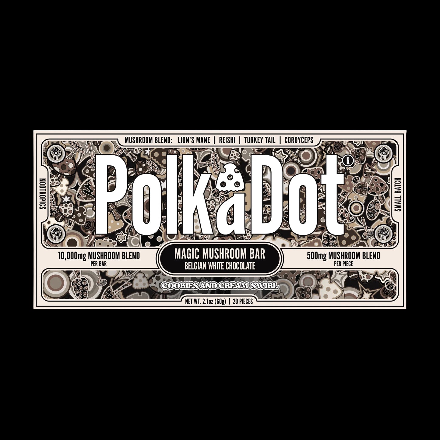 PolkaDot Cookies and Cream Swirl | Buy 10,000mg Gourmet Mushroom Chocolate Bar