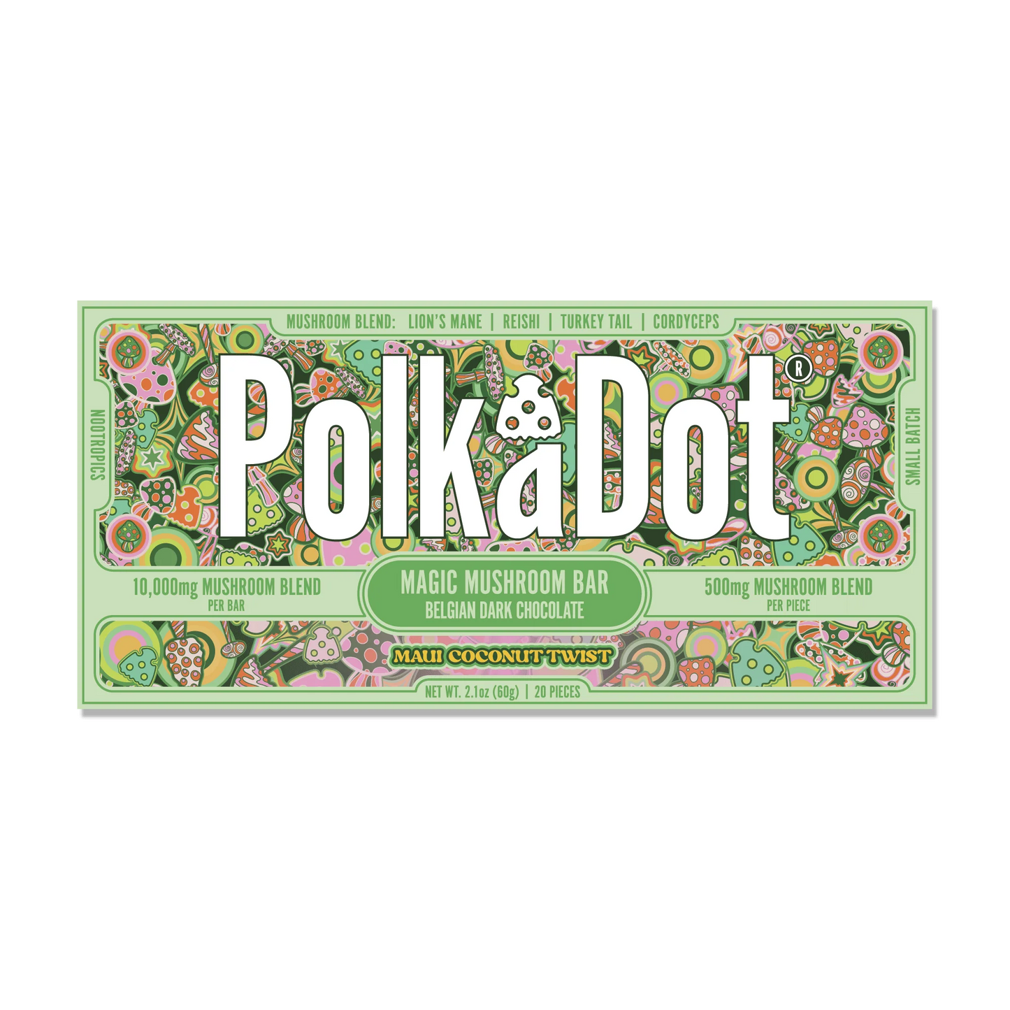 Polkadot Mushroom Chocolate – Maui Coconut Twist 500 mg | Functional Mushroom Chocolate Bar