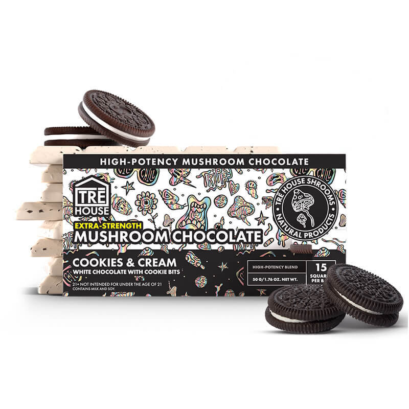 TRE House Extra Strength Mushroom Chocolate Bar Cookies & Cream 15 squares lab tested COA published — Cloud Culture St Pete